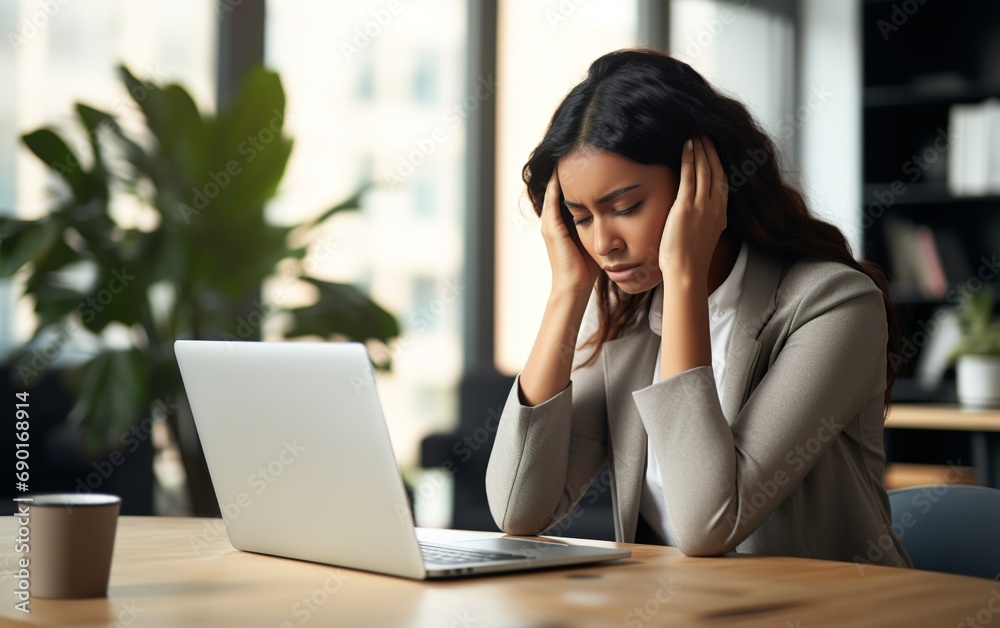 A stressed businesswoman with a headache. Generative AI A stressed businesswoman with a headache. Generative AI