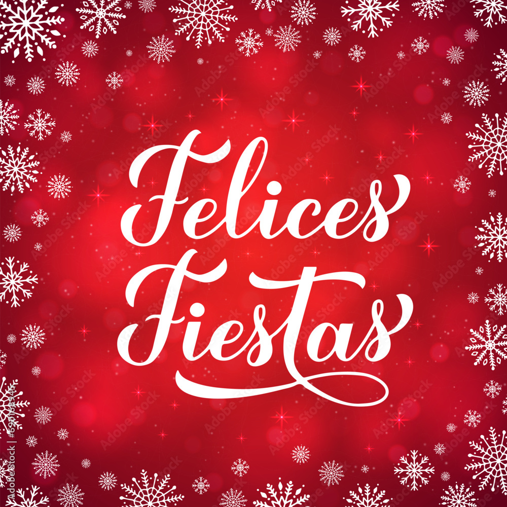 Felices Fiestas calligraphy hand lettering on red background with bokeh and snowflakes.. Happy Holidays in Spanish. Christmas typography poster. Vector template for greeting card, banner, flyer, etc.