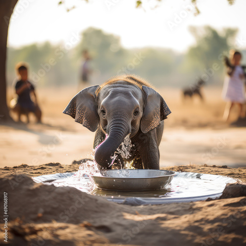 elephant baby drinking water.