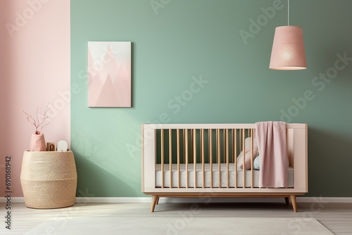 Stylish baby nursery room interior with a crib and pastel colors on the wall, with decorative lighting
