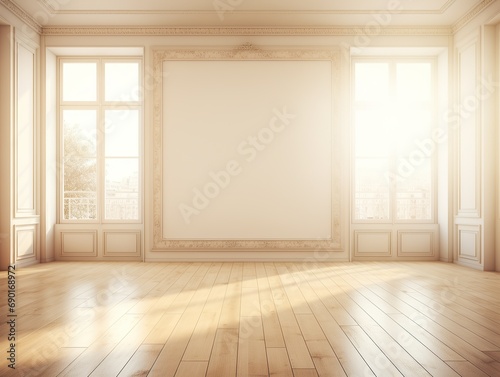 Elegant classical room with large empty picture frame, natural light, and luxurious decor