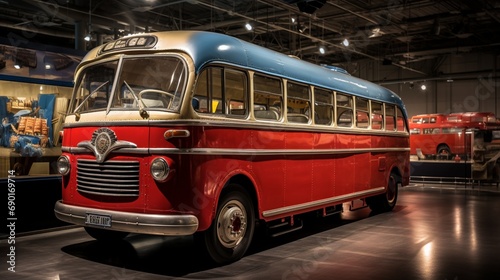 A classic passenger bus from the mid-20th century  stationed at a historical transport museum  showcasing the evolution of public transportation over time.