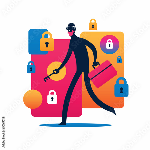 illustration a thief stealing passwords and sensitive data, minimalist flat design, vector