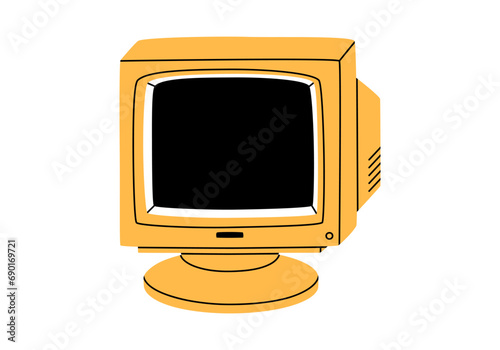 Hand drawn cute cartoon illustration of retro pc monitor. Flat vector old computer sticker in colored doodle style. Vintage office or programmer device icon or print. Information technology. Isolated.
