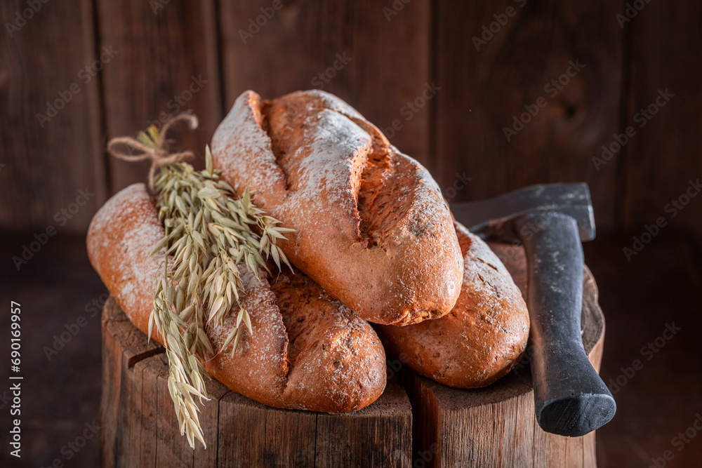 Fresh lumberjack bread with ears and grains.