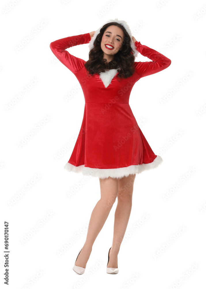 Beautiful young woman in Christmas red dress isolated on white
