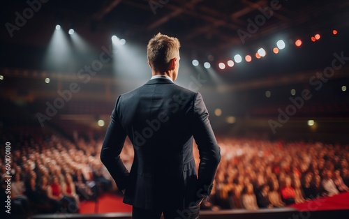 Back view of motivational speaker standing on a stage in front of audience, Generative AI