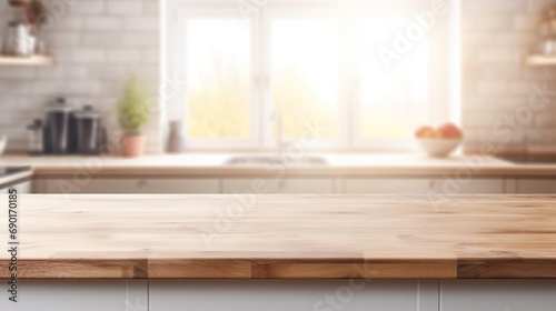 Generative AI, empty wooden tabletop on blurred modern kitchen background with copy space