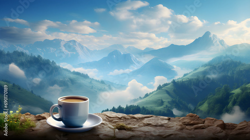 Cup of coffee on the mountain background photo