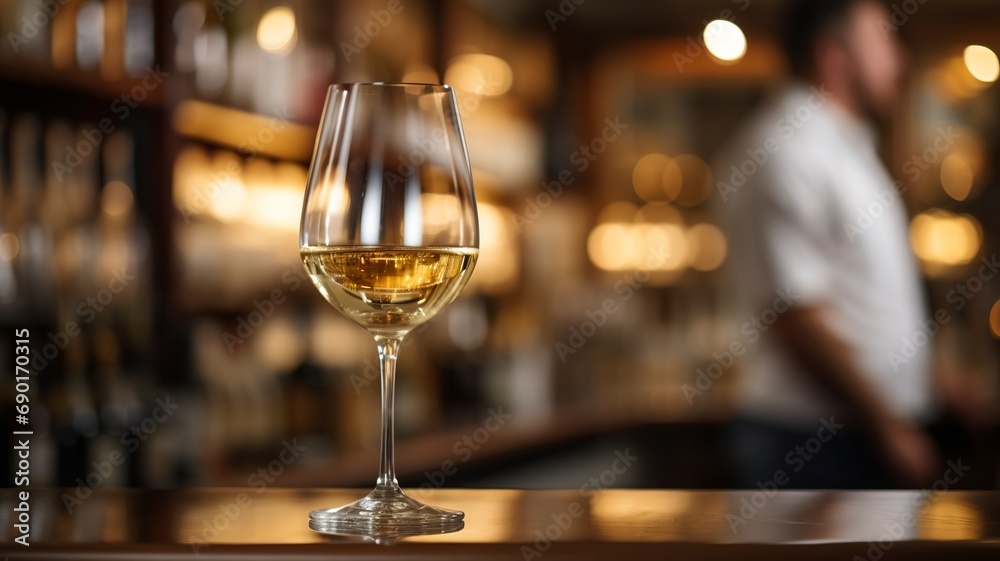 A glass of white wine with a blurry bartender and bar in the background. Generative AI