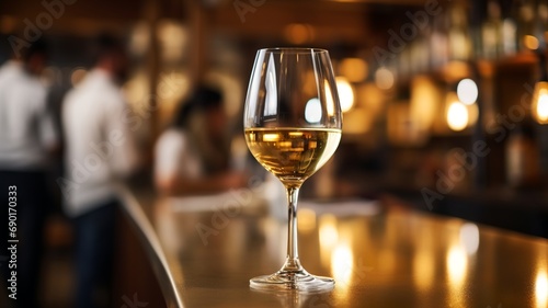 A glass of white wine with a blurry bartender and bar in the background. Generative AI
