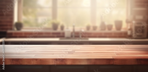 Generative AI, empty wooden tabletop on blurred modern kitchen background with copy space © DELstudio