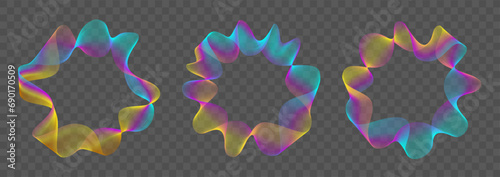 3d circular club music audio waves. Blurred and spotted curly neon blend frames. Spiral gold metal round rings. Striped line luxury patterns