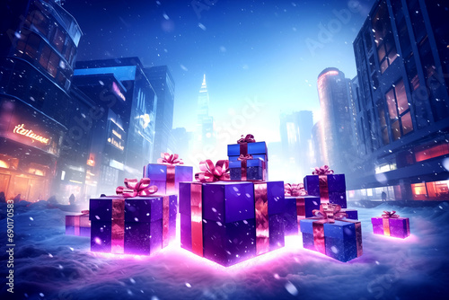 Christmas festival  synthwave snowfall in the city snowfield giftboxes. 