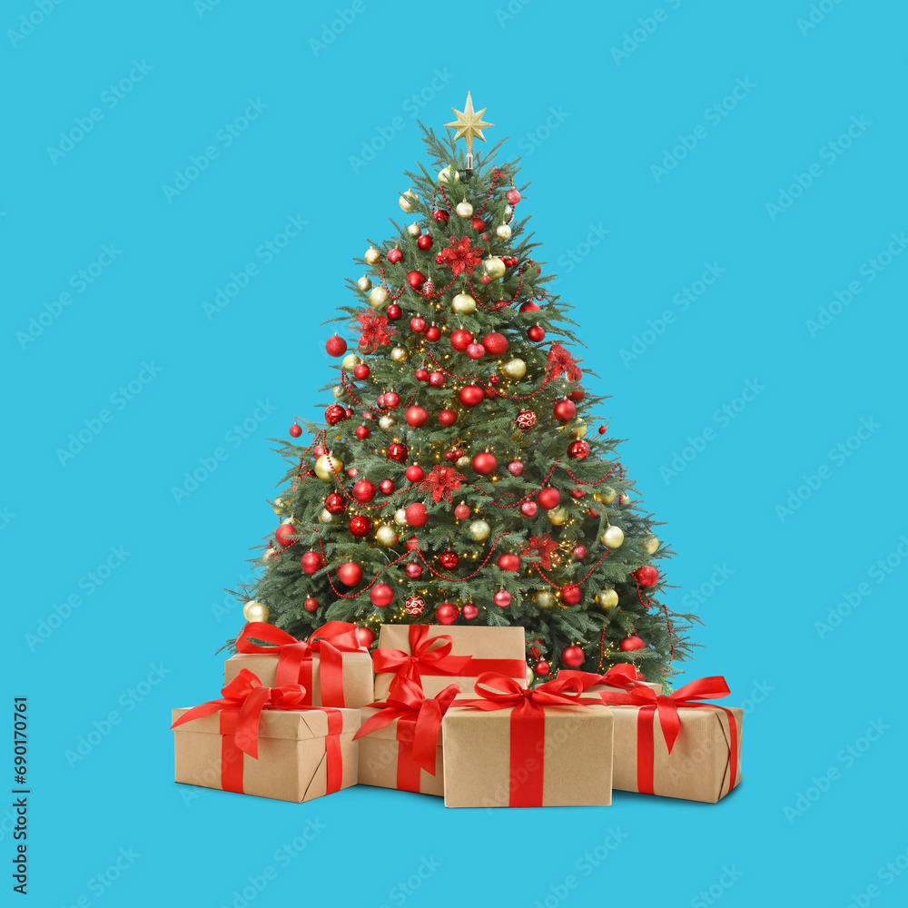 Beautiful Christmas tree with many gift boxes under on light blue background Beautiful Christmas tree with many gift boxes under on light blue background