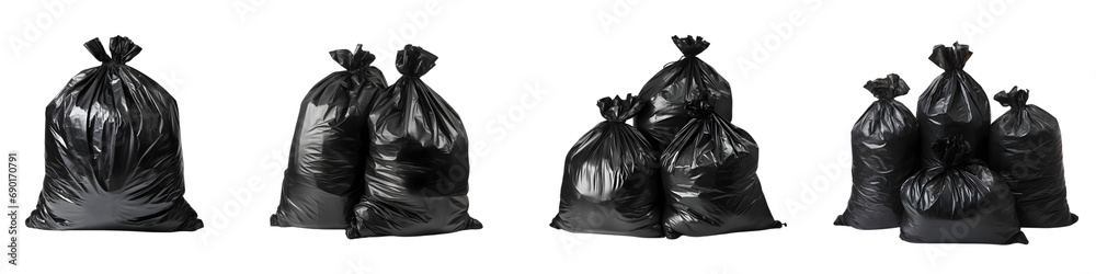 Set of Black Plastic Garbage Bags on Transparent Background