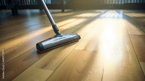 Floor cleaning with mob and cleanser foam. Cleaning tools on parquet floor, digital ai 