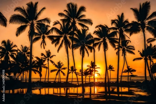 **silhouette of plam trees at tropical sunrise or sunset © Mazhar