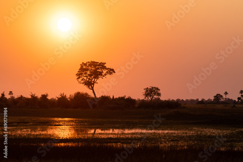 Wide angle shot of a beautiul sunset in the Okavango delta. © Goldilock Project