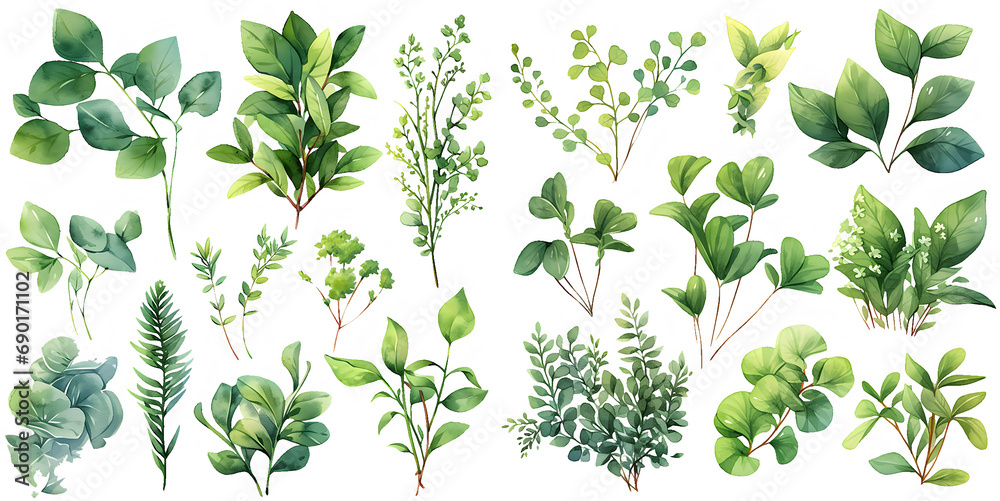  Green plant watercolor illustration clipart. Generative AI - obrazy, fototapety, plakaty 
