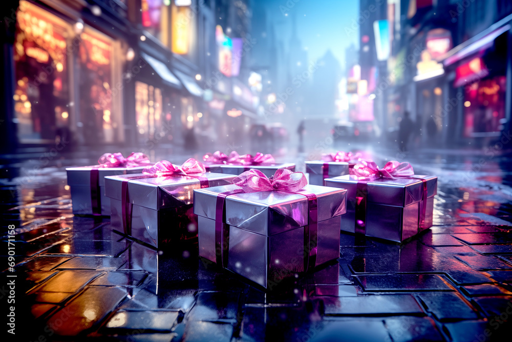 Christmas festival, synthwave,snowfall in the city,snowfield,giftboxes.  - obrazy, fototapety, plakaty 
