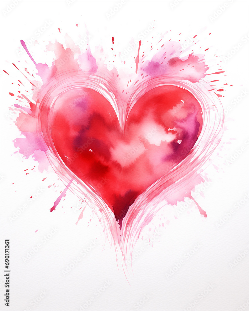 Watercolor heart drawn by a brush, valentines card