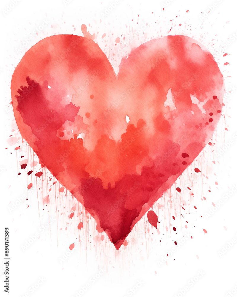 Watercolor heart drawn by a brush, valentines card