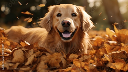 Golden Retriever Dog in a pile of bright yellow  colorful Fall leaves