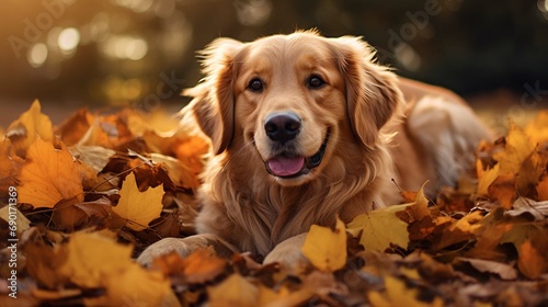 Golden Retriever Dog in a pile of bright yellow, colorful Fall leaves 