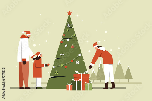 Illustration of a little girl along with her parents decorating a Christmas tree