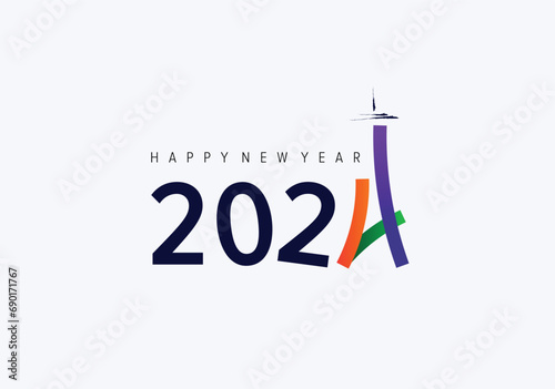 Happy New Year 2024 in Paris. Creative poster design template for banners, advertisements, branding, and social media.