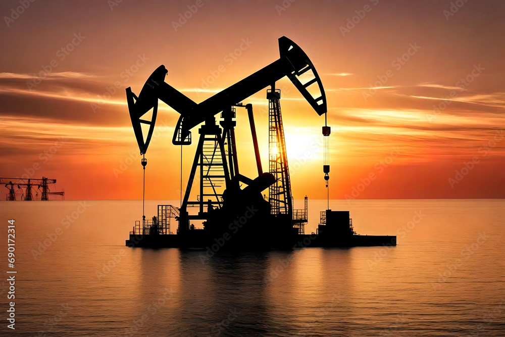 **sithouette of an oil pump at sunset. generative al., generative al