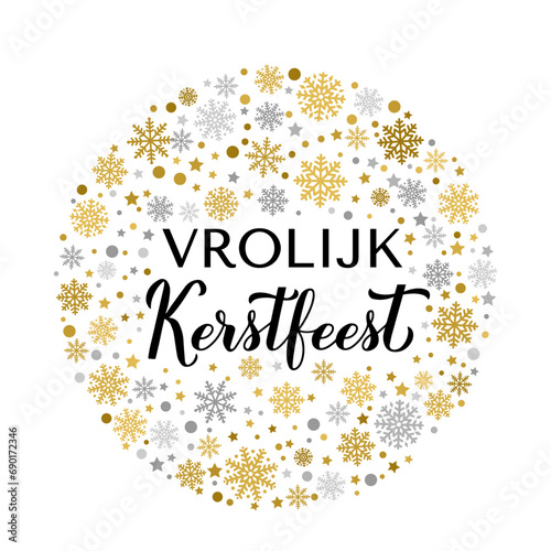 Vrolijk Kerstfeest calligraphy hand lettering with gold and silver snowflakes, stars and dots. Merry Christmas typography poster in Dutch. Vector template for greeting card, banner, flyer, etc.
