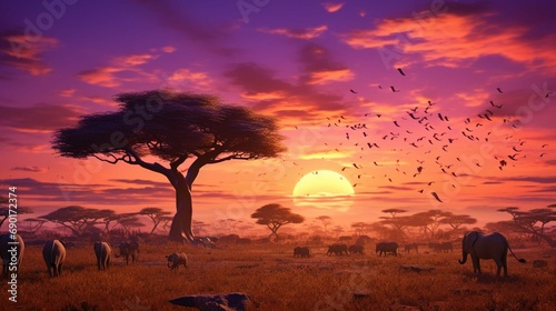  Herd of wild animals including wildebeest and zebra during migration through East Africa feed on grass under baobab trees during a colorful sunset