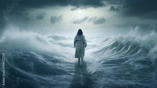 Jesus walks on water across the sea during a storm
