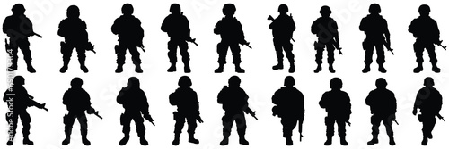 Soldier war army silhouettes set, large pack of vector silhouette design, isolated white background