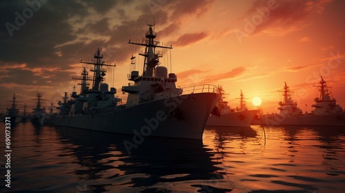 Military navy ships in a sea bay at sunset