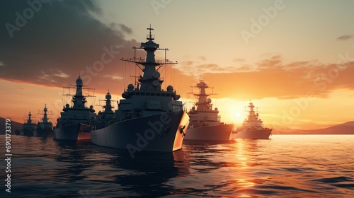 Military navy ships in a sea bay at sunset photo