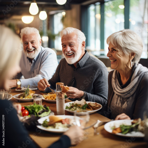 elderly friends eating dinner in restaurant.