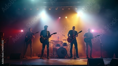 Music band group perform on a concert stage. Guitarist on stage for background, soft and blur concept. Music band performing in a recording studio