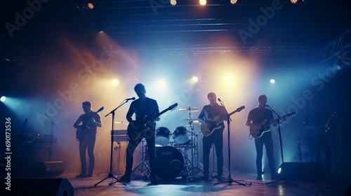 Music band group perform on a concert stage. Guitarist on stage for background, soft and blur concept. Music band performing in a recording studio