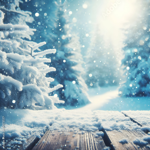 Winter Snowy Background with Wooden Surface