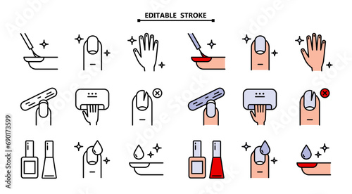 Manicure, icon set. Tools for cosmetic beauty treatment for the fingernails and hands, linear icons