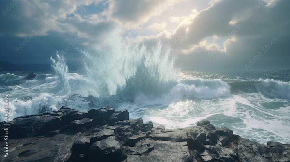 Powerful ocean waves crashing with violence on rocks. The sea meets the shore on the tropical island