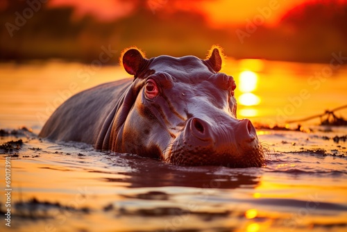 hippopotamusin South Africa at sunset,,Generative AI