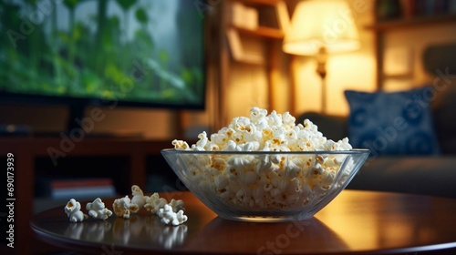  Popcorn in a glass bowl and remote control in front of the TV in a home interior. Watching TV shows and series, cable TV background 