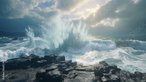 Powerful ocean waves crashing with violence on rocks. The sea meets the shore on the tropical island
