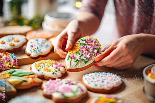 Hands decorating colorful Easter cookies with icing on a festive table.