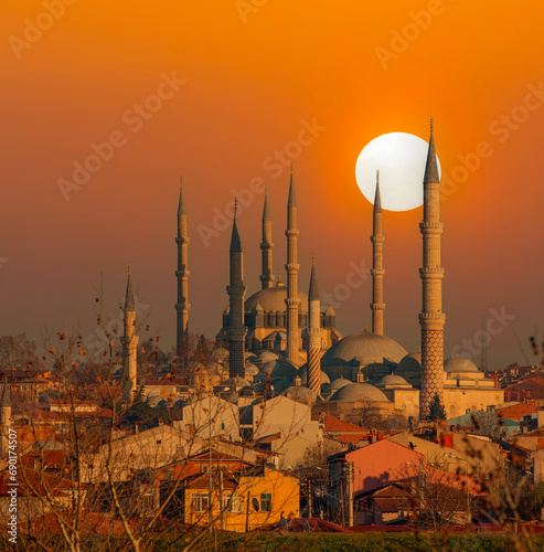 uc serefeli mosque and selimiye mosque intertwined photo