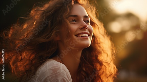 A pensive portrait of a joyful smiling woman bathed in warm, golden light, capturing the essence of timeless beauty